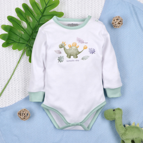ABN-5565 Dino Explorer Body z organickej bavlny Nini white- organická bavlna, dlhý rukáv