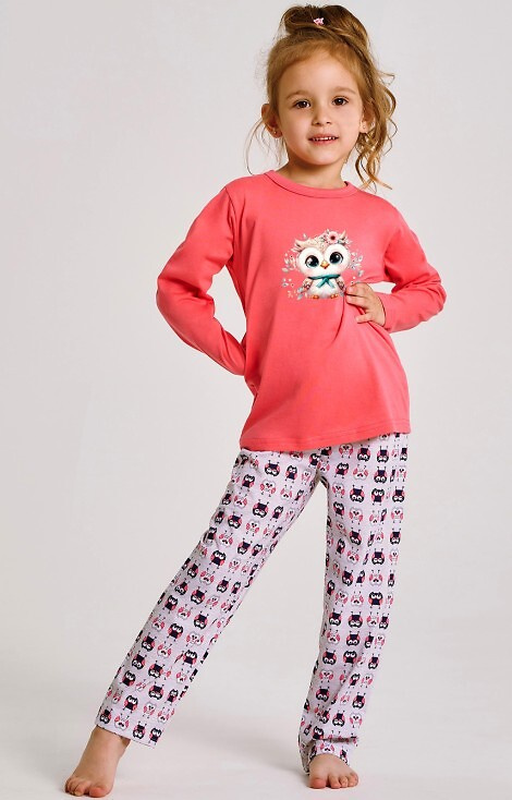 3486, 3487 Emma Taro dievčenské pyžamo koralové - bavlna, potlač, vzorované nohavice