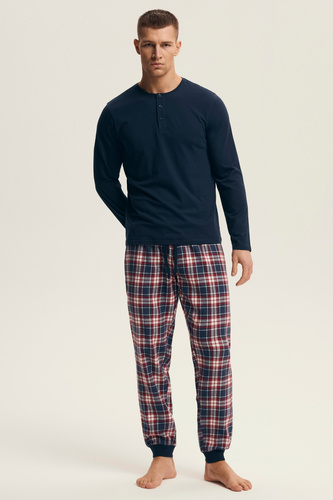 Pánske pyžamo Henderson 43457 Noir navy blue - bavlna, s flanelovými nohavicami