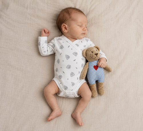 BD16426 Mamatti Biele dojčenské body s dlhým rukávom Medvedík Bavlnené pohodlné