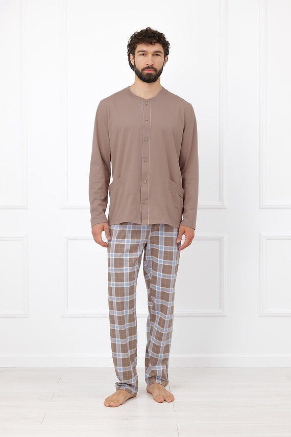 Italian Fashion Wilhelm pánska pyžama 100 % bavlna, gombíky, károvaná - cappuccino