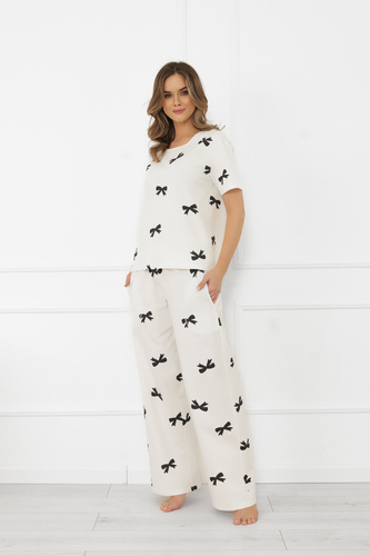 Dámske pyžamo Figaro - ecru, bavlna, krátky rukáv + dlhé nohavice Italian Fashion
