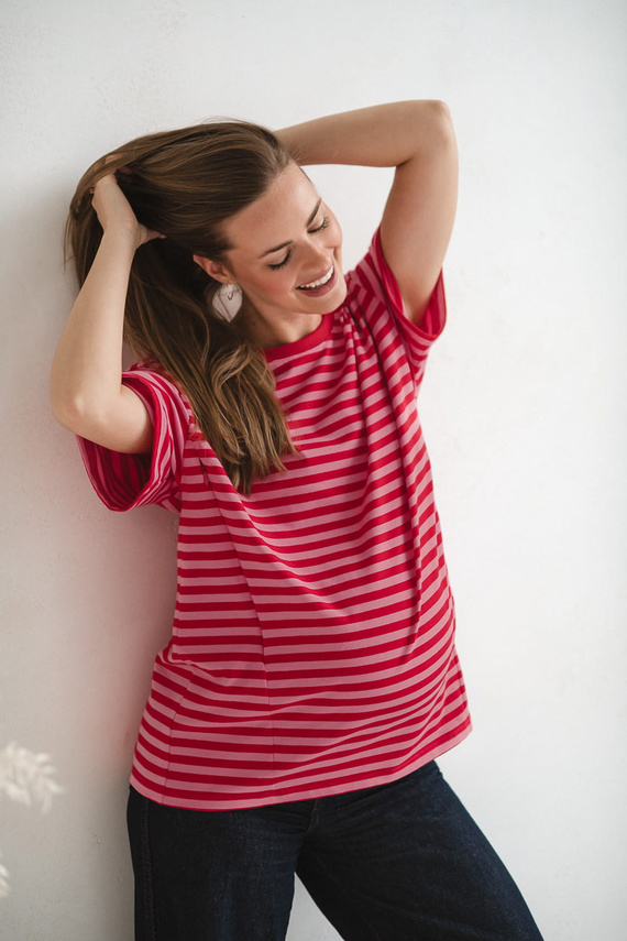 Mamahood Tričko pre tehotenstvo a dojčenie Milk&Love červeno-ružové pruhy - pohodlné a štýlové