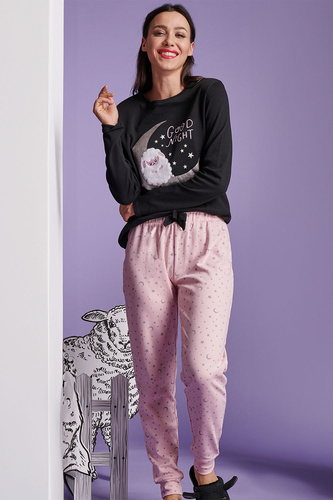Shearly Dámske pyžamo Sorbetto čierne - 100% bavlna, 3D aplikácie, nohavice na šnúrku
