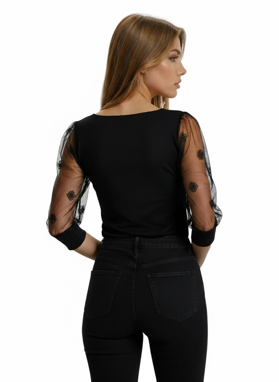 Elegantná dámska blúzka Teria 3/4 Eldar čierna - viskóza, buffové rukávy, tylová výšivka, okrúhly výstrih, pásik