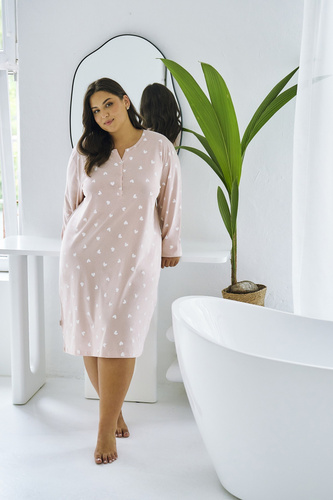 Nori 3469 Nočná košeľa Taro - ružová, bavlna, dlhý rukáv, dámska nočná košeľa