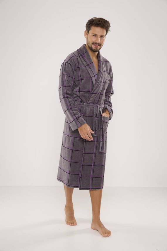 803 / 819 Pánsky froté župan Twin Forex - sivý s fialovou kockou (sivá kocka)