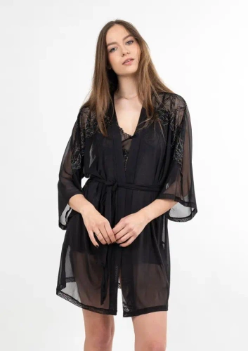 Zora tylový župan čierny Dkaren | elegantný dámsky župan z tylu