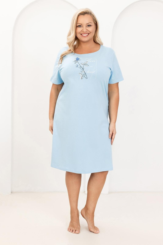 Dámska nočná košeľa Regina 172 modrá - 100% bavlna, krátky rukáv, polokruhový výstrih, potlač, dĺžka po kolená
