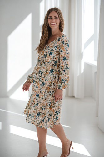 Krásne šaty Midi Milk&Love béžové kvetinové tehotenské a dojčiace šaty z ľanu, elegantný strih s dojčiacimi zipsami