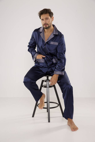 939 Pánske saténové pyžamo - tmavomodré
