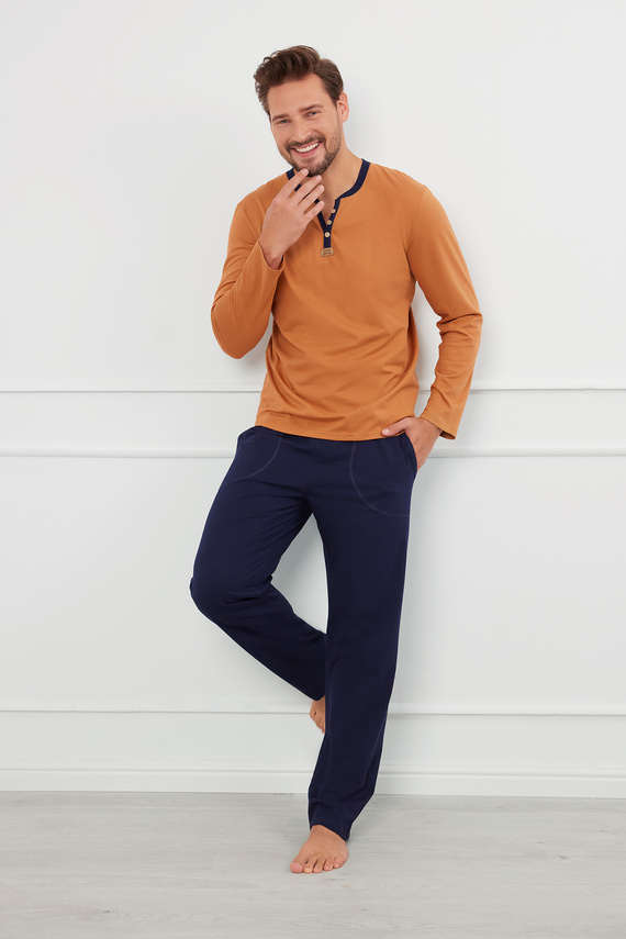 Julius Pánske pyžamo s dlhým rukávom, dlhé nohavice Talianska móda - koňaková/zelená