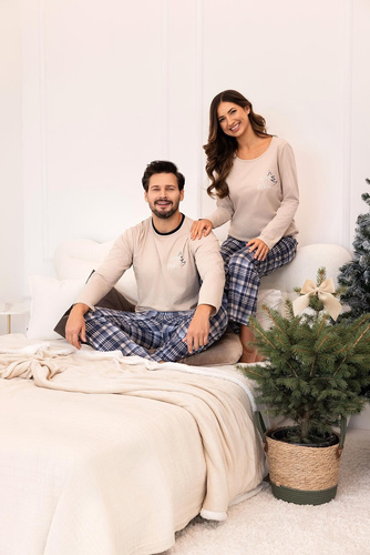 Pánske pyžamo Regina 507 béžové - bavlnené, dlhé, košeľa s potlačou a kárované nohavice