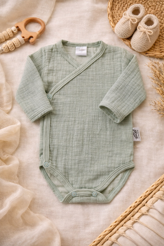 Mušelínové body Just Muslin 03235M Makoma mint - dlhý rukáv, obálkové zapínanie, 100% bavlna