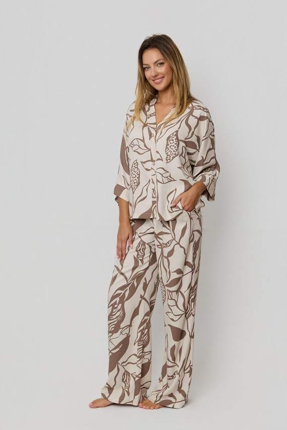 Dámske pyžamo Luna PX63 Mefemi od Nipplex mocha - 100% viskóza, rastlinná potlač, gombíky, dlhé nohavice | Premium Comfort