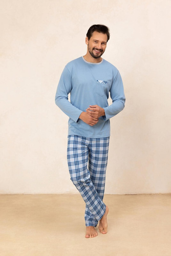 Regina 488 - modré pánske bavlnené pyžamo s dlhým rukávom, klasický strih