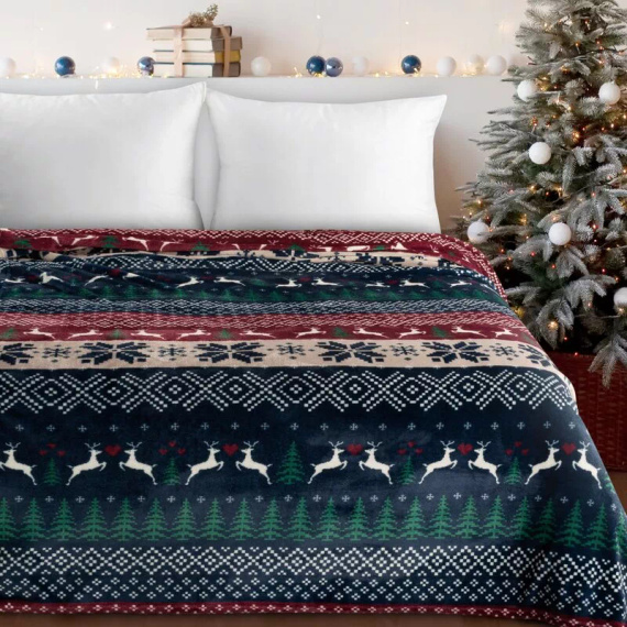 Eurofirany Vianočná deka tmavomodrá červená so škandinávskym vzorom - mäkký prehoz z mikrovlákna, 240 g/m²