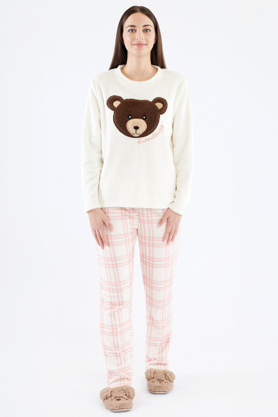 Madlen Dámske pyžamo Sorbetto ecru - fleece, s výšivkou medvedíka a károvanými nohavicami
