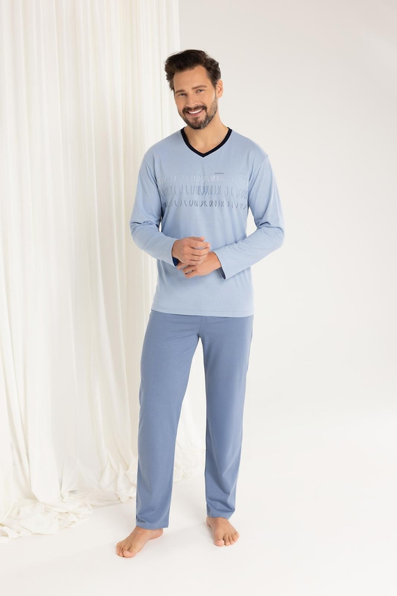 Regina 495 - modré pánske bavlnené pyžamo s dlhým rukávom, klasický strih