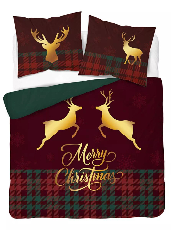 5827 Vianočné sny Detexpol kockované bavlnené posteľné prádlo s veselými vianočnými sobmi - vianočný set 100% bavlna
