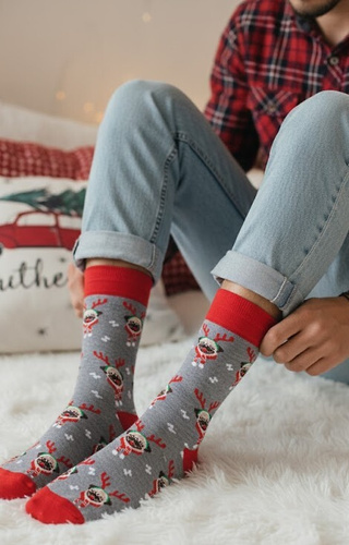 1290-036 Pánske ponožky Mopsy Milena šedé-vánočné-bavlnené ponožky
