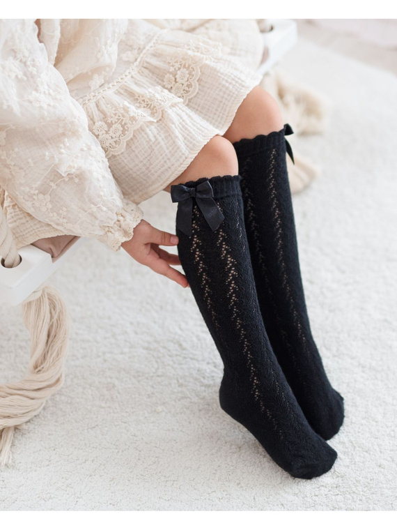 1382 Detské ažurové podkolienky s mašľou - bavlnené Milena, čierne