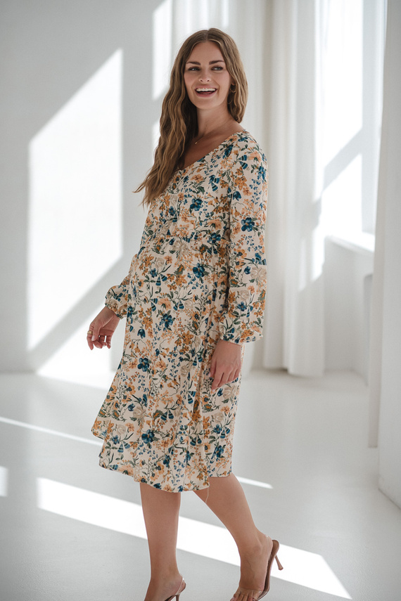 Krásne šaty Midi Milk&Love béžové kvetinové tehotenské a dojčiace šaty z ľanu, elegantný strih s dojčiacimi zipsami