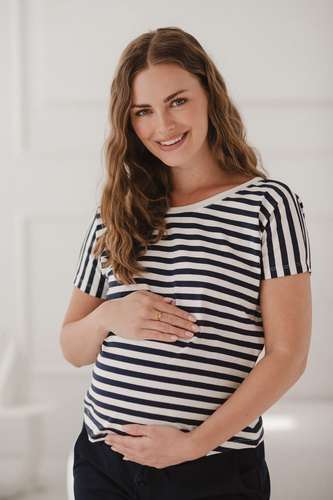 Blúzka na dva spôsoby tehotenstva a dojčenia | Krátky rukáv, pohodlné tmavo modré a biele pruhy Milk&Love