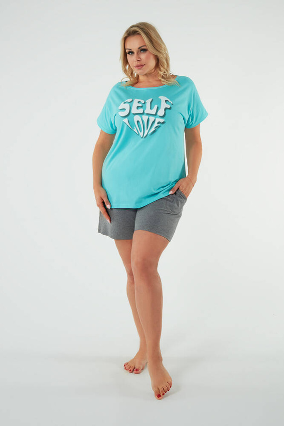 Selfie Dámske pyžamo s krátkym rukávom, šortky Italian Fashion - tyrkysová/melanžová