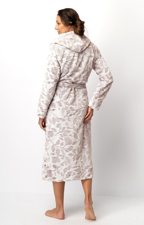 LGL 545 Kľúčový dámsky župan ecru-mocca - mäkký, s kapucňou, viazaný v páse