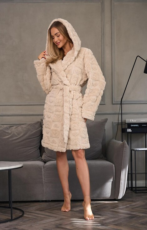 2553 Valentina L&L dámsky krátky župan s kapucňou a vreckami - angora