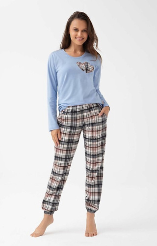 322 Luna modrá - dámske bavlnené pyžamo, srdiečka, dlhý rukáv, károvaná nohavica