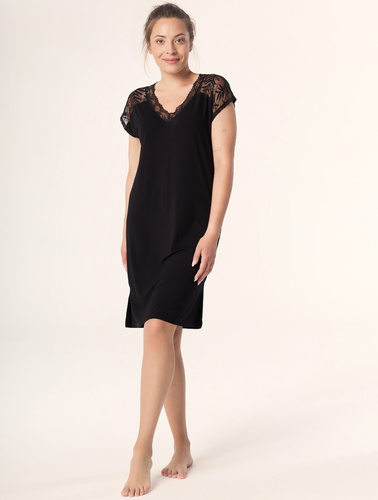 Nočná košeľa Petra KB59 Mefemi Nipplex čierna - viskóza, čipka, krátky rukáv, nad kolená