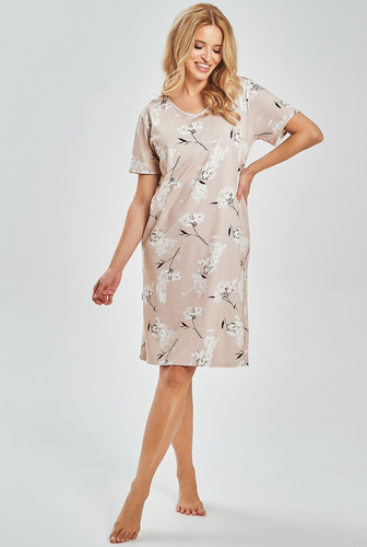 3538 Fiora Dámska nočná košeľa Taro - 100% bavlna, kvetinová potlač, dĺžka po kolená | Ľahká košeľa na leto