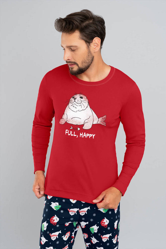 Pánske pyžamo s dlhým rukávom, dlhé nohavice Talianska móda - červená/potlač námornícka modrá