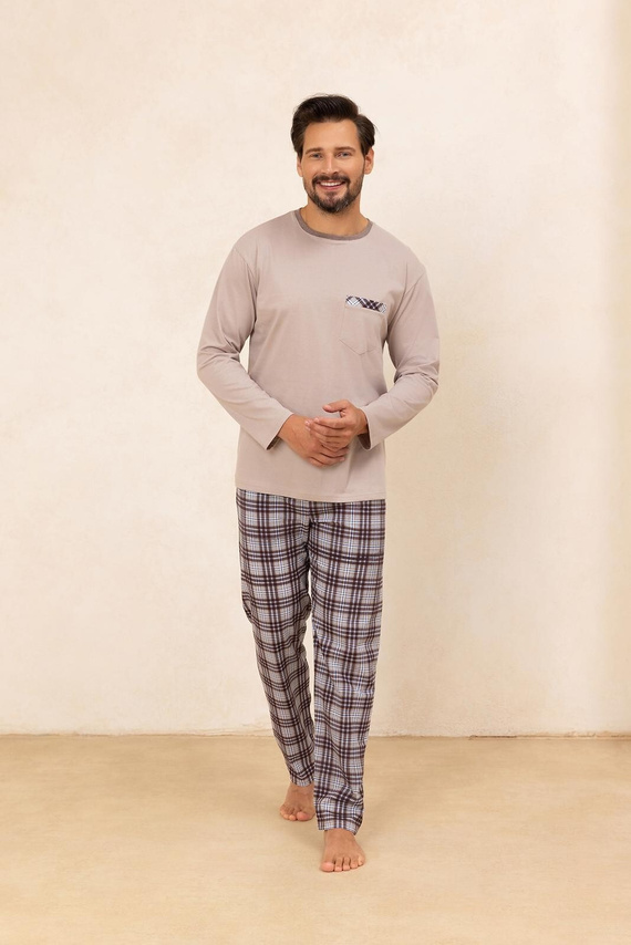Regina 488 - béžové pánske bavlnené pyžamo s dlhými rukávmi, klasický strih