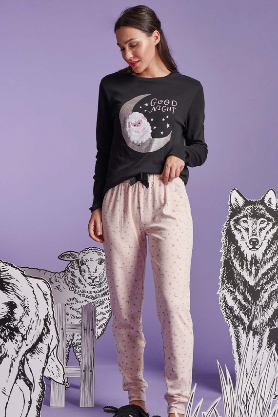 Shearly Dámske pyžamo Sorbetto čierne - 100% bavlna, 3D aplikácie, nohavice na šnúrku