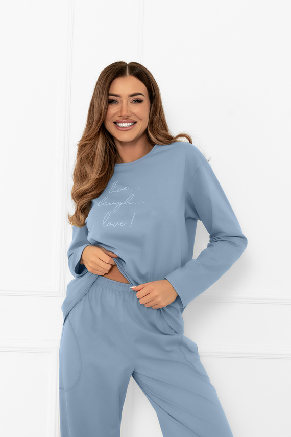 Dámske pyžamo Ksara Italian Fashion - bavlnené, s dlhým rukávom a nohavicami s vreckami - oceľové