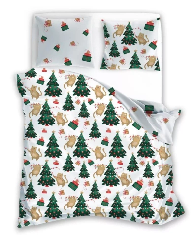 Holly Jolly 005 Faro vianočné posteľné prádlo bielo zelené vianočné stromčeky - saténové mikrovlákno, sada na zips