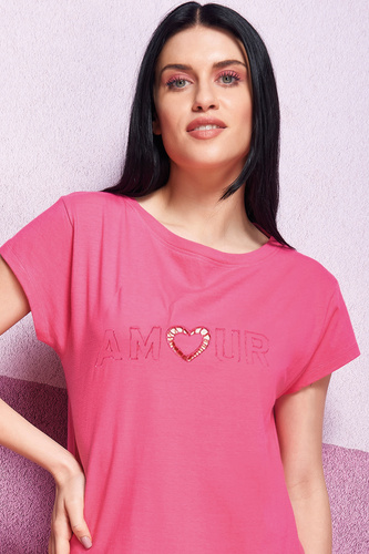 Oxksana Ružová nočná košeľa - 100% bavlna, vyšívané srdiečko, čipka a volánik