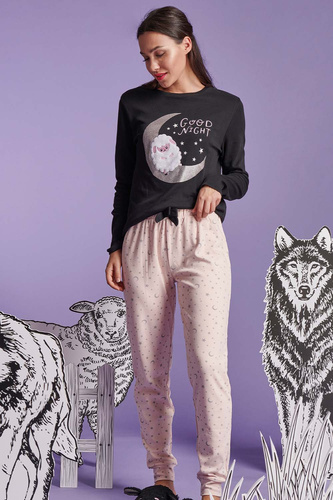 Shearly Dámske pyžamo Sorbetto čierne - 100% bavlna, 3D aplikácie, nohavice na šnúrku