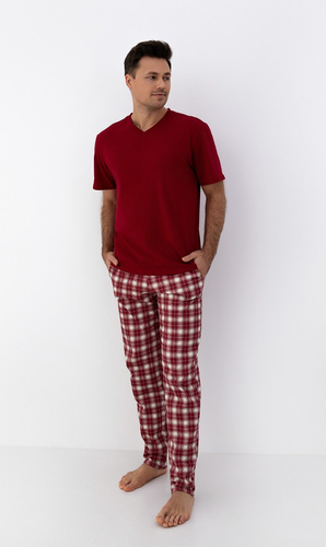 Matthew Pyžamo Sensis - pánske bavlnené pyžamo s výstrihom do V a károvanými nohavicami