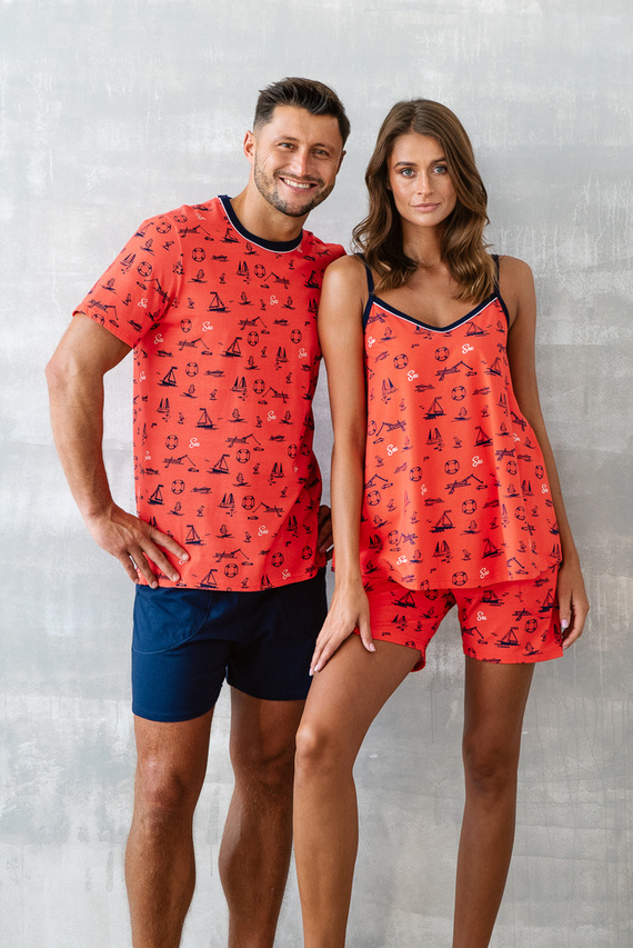 Marina Dámske pyžamo s úzkymi pásikmi, šortky Italian Fashion - červené