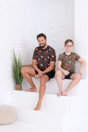 Westernové chlapčenské pyžamo s krátkym rukávom, nohavice Italian Fashion - olivová/grafitová