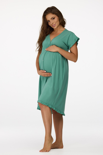 nie. 23 Tehotenská nočná košeľa Senizo zelená - 100% bavlna, krátky rukáv, zapínanie na gombíky pri dojčení