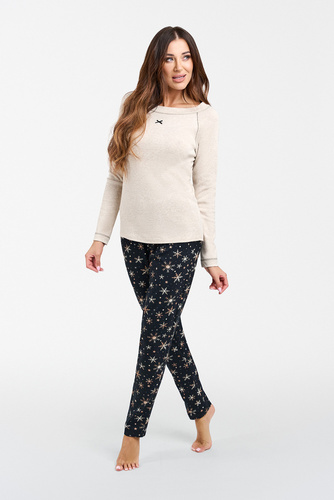 Denali Dámske pyžamo s dlhým rukávom a dlhými nohavicami Italian Fashion - béžová melanž/potlač