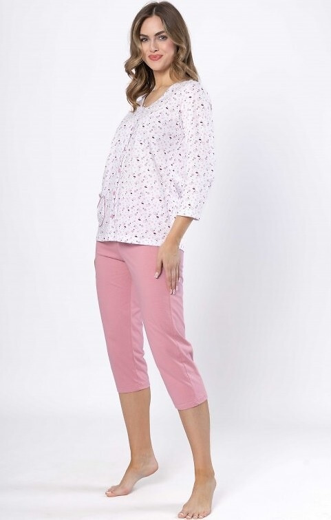 Dámske pyžamo Dobrusia 1636 - ružové bavlnené, 3/4 rukáv, zapínanie na gombíky