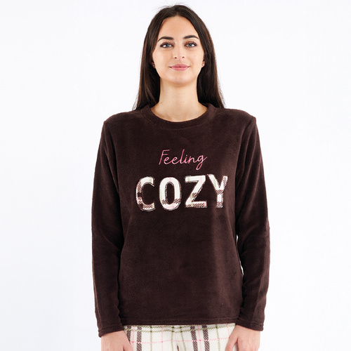 Liliana Sorbetto hnedé pyžamo - teplý károvaný fleece s výšivkou