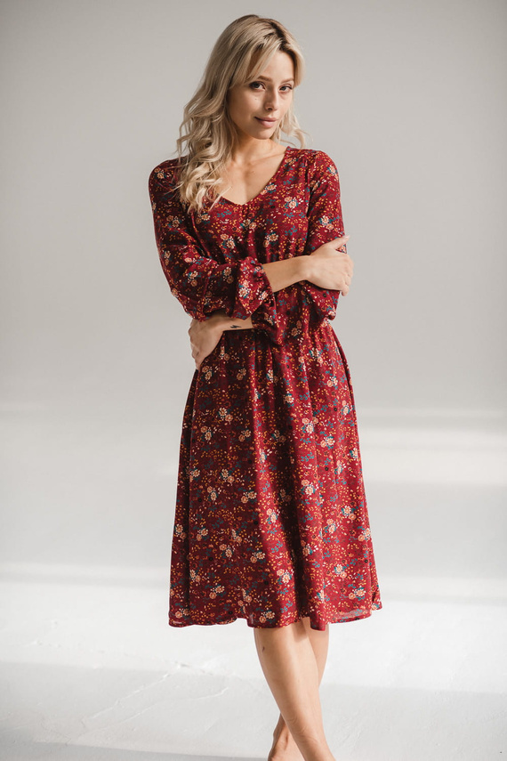 Krásne šaty Midi materské a dojčiace šaty od Milk&Love - bordové kvetinové, dlhý rukáv