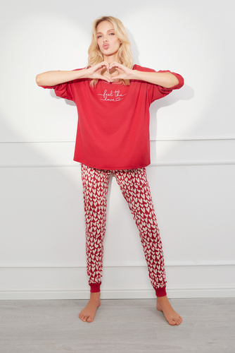 Evora Dámske pyžamo s dlhým rukávom a dlhými nohavicami Italian Fashion - červená/potlač